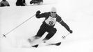 1956 Superstar "Toni" Sailer from Austria races in the giant slalom of the alpine ski races winning the gold medal at the Winter Olympics in Cortina d'Ampezzo, Italy, in 1956. (KEYSTONE/Photopress-Archiv/Str)