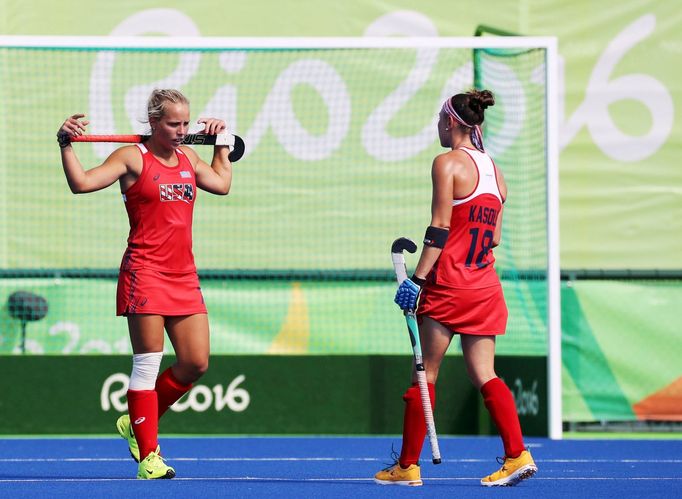 Women's Quarterfinal Match USA v Germany - Olympic Hockey Centre - Rio de Janeiro, Brazil - 15/08/2016. Kelsey Kolojejchick (USA) of USA (L) and Michelle Kasold (USA) of