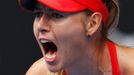 Maria Sharapova of Russia reacts after winning a point against Eugenie Bouchard of Canada during their women's singles quarter-final match at the Australian Open 2015 ten