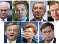 Kandidáti na prezidenta. Odshora vlevo: Herman Van Rompuy, Tony Blair, Jean-Claude Juncker, Paavo Lipponen. Dole zleva: Wolfgang Schüssel, Vaira Vike-Freibergová, Jan Peter Balkenende.