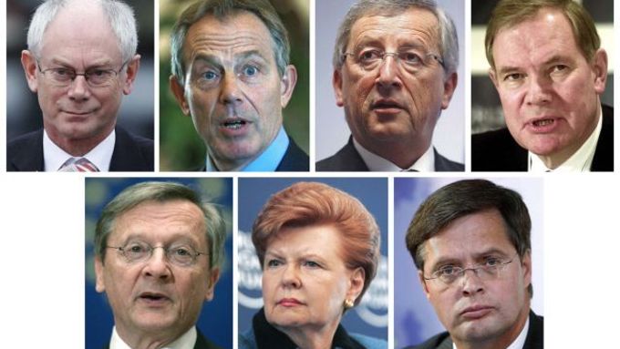 Kandidáti na prezidenta. Odshora vlevo: Herman Van Rompuy, Tony Blair, Jean-Claude Juncker, Paavo Lipponen. Dole zleva: Wolfgang Schüssel, Vaira Vike-Freibergová, Jan Peter Balkenende.