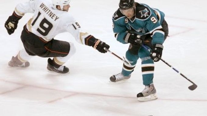 Útočník San Jose Sharks Milan Michálek objíždí s pukem hráče Anaheimu Ducks Ryana Whitneyho.