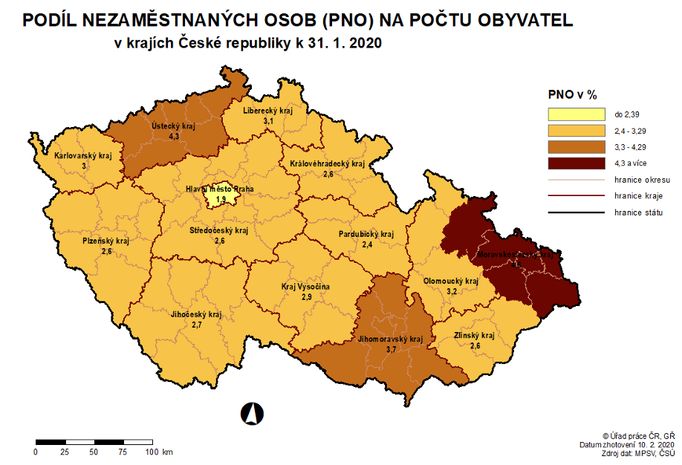 Podíl nezaměstnaných osob na počtu obyvatel v krajích k 31. 1. 2020