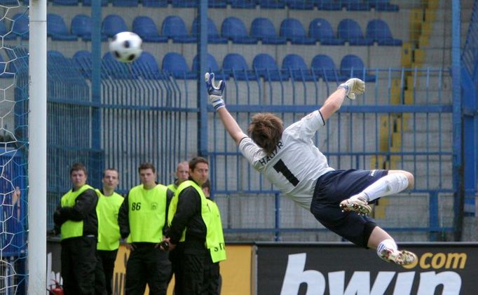 Brankář Liberce Zbyněk Hauzr se po této střele natahoval marně. Naštěstí pro Slovan šla do boční sítě branky.