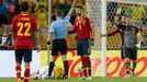 Referee Bjorn Kuipers of the Netherlands (2nd L) shows Spain's Gerard Pique (3) the red card after he fouled Brazil's Neymar (bottom) during their Confederations Cup fina