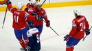 Norway's Alexander Bonkskasen (top C) celebrates his goal against Slovakia with team mates during the first period of their men's ice hockey World Championship group A ga