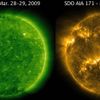 Then and Now A side-by-side comparison of the Sun from precisely two years ago (left, from SOHO) to the present (right, from Solar Dynamics Observatory) dramatically illustrates just how active the Sun has become (Mar. 27-28, 2011). Viewed in two similar wavelengths of extreme ultraviolet light, the Sun now sports numerous active regions that appear as lighter areas that are capable of producing solar storms. Two years ago the Sun was in a very quiet period (solar minimum). The Sun's maximum period of activity is predicted to be around 2013, so we still have quite a ways to go.