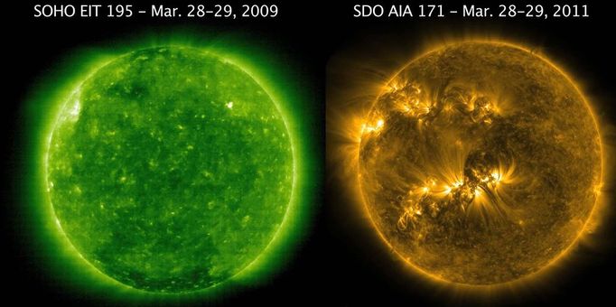 Then and Now A side-by-side comparison of the Sun from precisely two years ago (left, from SOHO) to the present (right, from Solar Dynamics Observatory) dramatically illustrates just how active the Sun has become (Mar. 27-28, 2011). Viewed in two similar wavelengths of extreme ultraviolet light, the Sun now sports numerous active regions that appear as lighter areas that are capable of producing solar storms. Two years ago the Sun was in a very quiet period (solar minimum). The Sun's maximum period of activity is predicted to be around 2013, so we still have quite a ways to go.