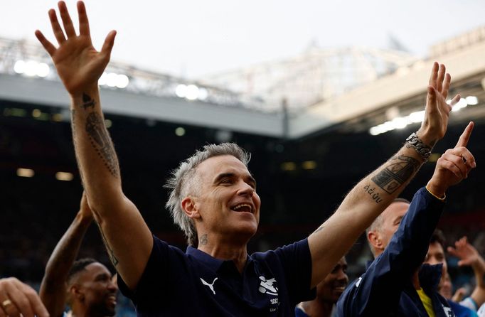 Robbie Williams při charitativním fotbalovém zápasu Soccer Aid pod záštitou Unicef v roce 2023.