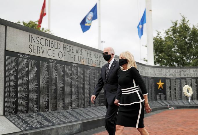 Democratic U.S. presidential candidate and former Vice President Joe Biden and his wife Jill visit the War Memorial Plaza during Memorial Day, amid the outbreak of the co