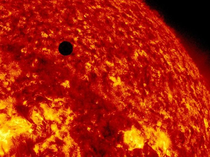 SDO's High Def View of 2012 Venus Transit On June 5-6 2012, SDO is collecting images of one of the rarest predictable solar events: the transit of Venus across the face of the sun. This event happens in pairs eight years apart that are separated from each other by 105 or 121 years. The last transit was in 2004 and the next will not happen until 2117. This NASA image was captured on June 5, 2012. Image Credit: NASA/SDO, AIA