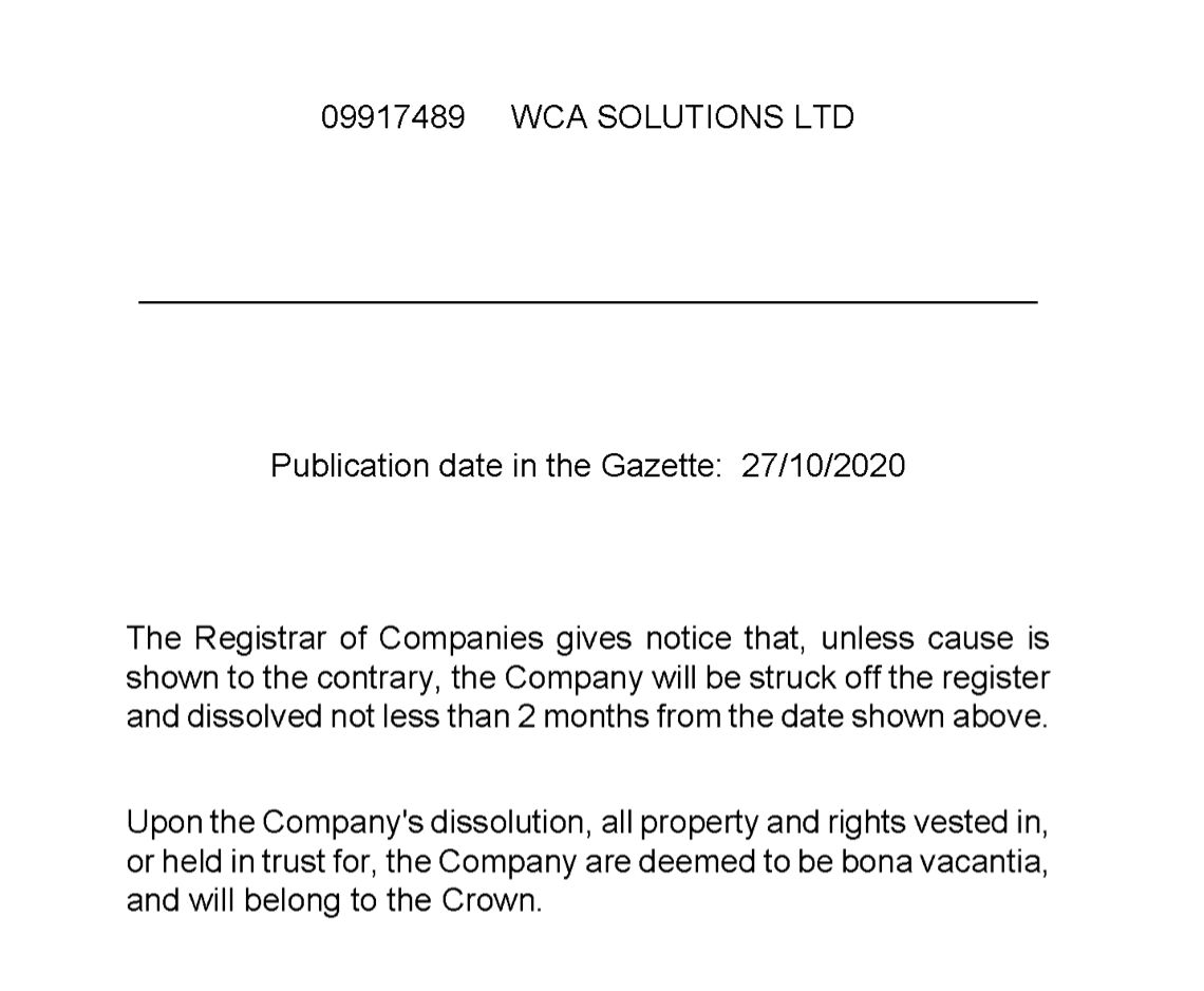 Britské úřady WCA varovaly už loni v říjnu, že pokud nedoplní zákonné výkazy, firmu zruší. To se letos na začátku roku stalo.