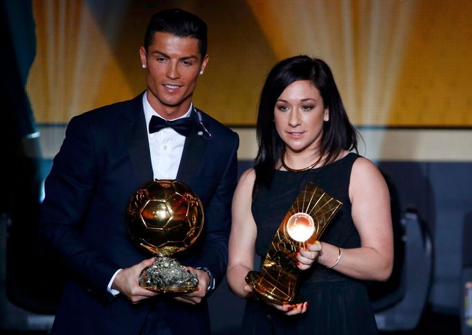 Winner of FIFA Ballon d'Or award, Real Madrid and Portugal forward Cristiano Ronaldo poses with winner of the FIFA Women's World Player of the Year Nadine Kessler of Germ