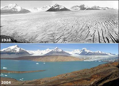 Ledovec Upsala, v roce 1928 a 2004