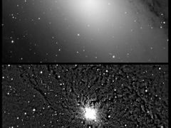 Na prvním snímku je neupravený pohled do jádra galaxie. Druhý snímek je numericky upravený, ukazuje devět nov, které vybuchly od března do srpna.