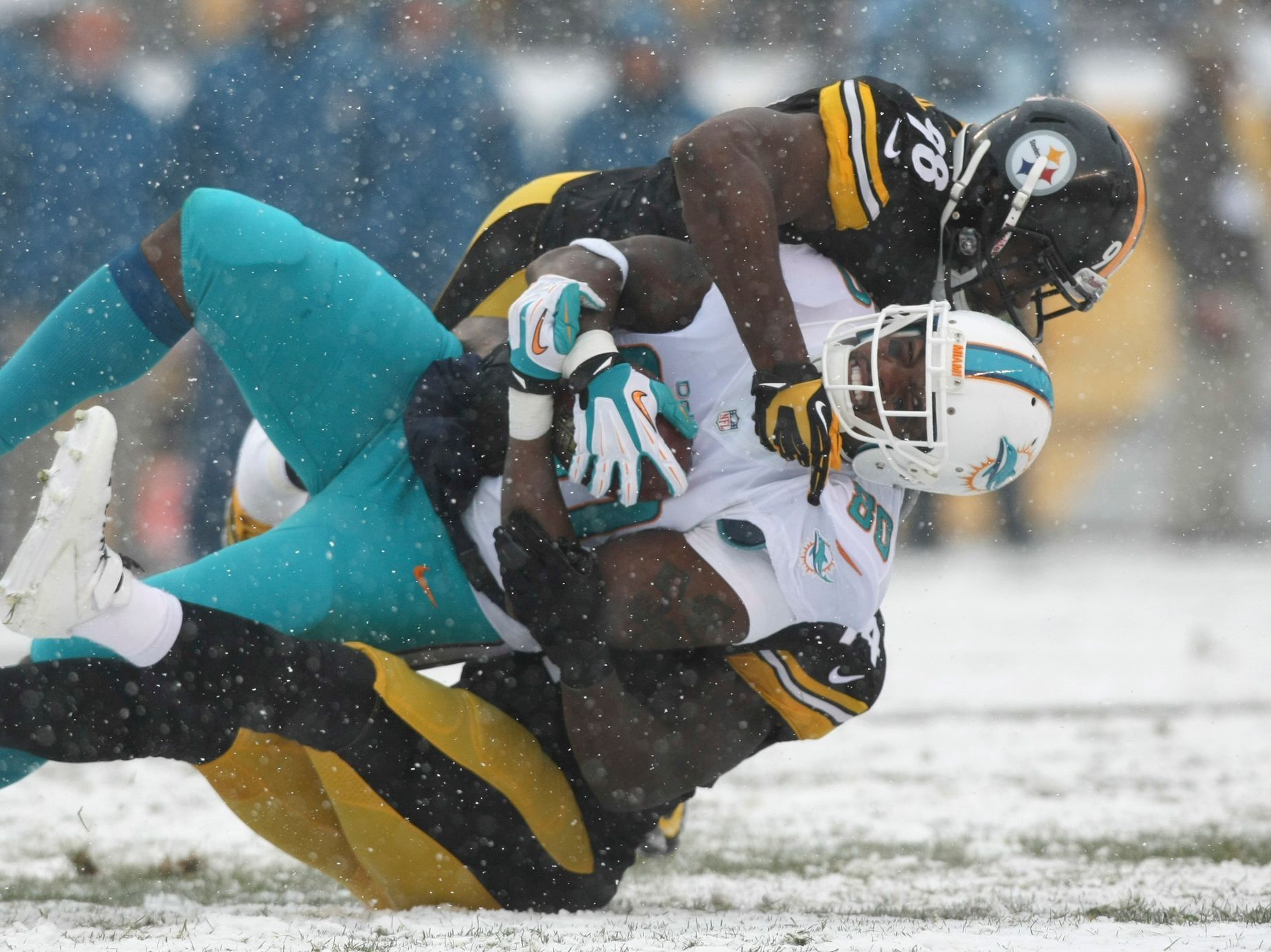 NFL (americký fotbal, sněhová nadílka, Miami Dolphins, Pittsburgh Steelers)