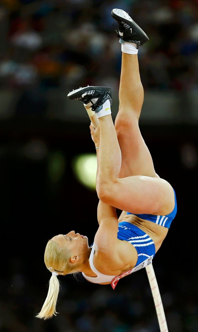 Nikoleta Kyriakopoulou of Greece competes in the women's pole vault final during the 15th IAAF World Championships at the National Stadium in Beijing, China, August 26, 2