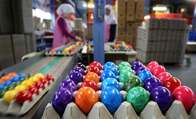 Peak season at egg dye-works Dyed eggs sit in the Behan egg dye-works in Thannhausen, Germany, 30 March 2012. Its peak season at the dyeworks shortly before Easter. Around 180,000 eggs are boiled and dyed here daily. Photo: Karl-Josef Hildenbrand