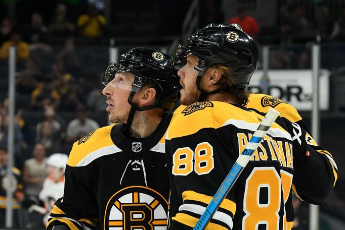 hokej, příprava na NHL 2019/2020, Boston - Philadelphia, David Pastrňák a Brad Marchand