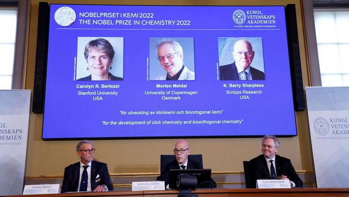 Letošní laureáti Nobelovy ceny za chemii - Američané Carolyn Bertozziová a Barry Sharpless a Dán Morten Meldal za revoluční způsob spojování molekul.