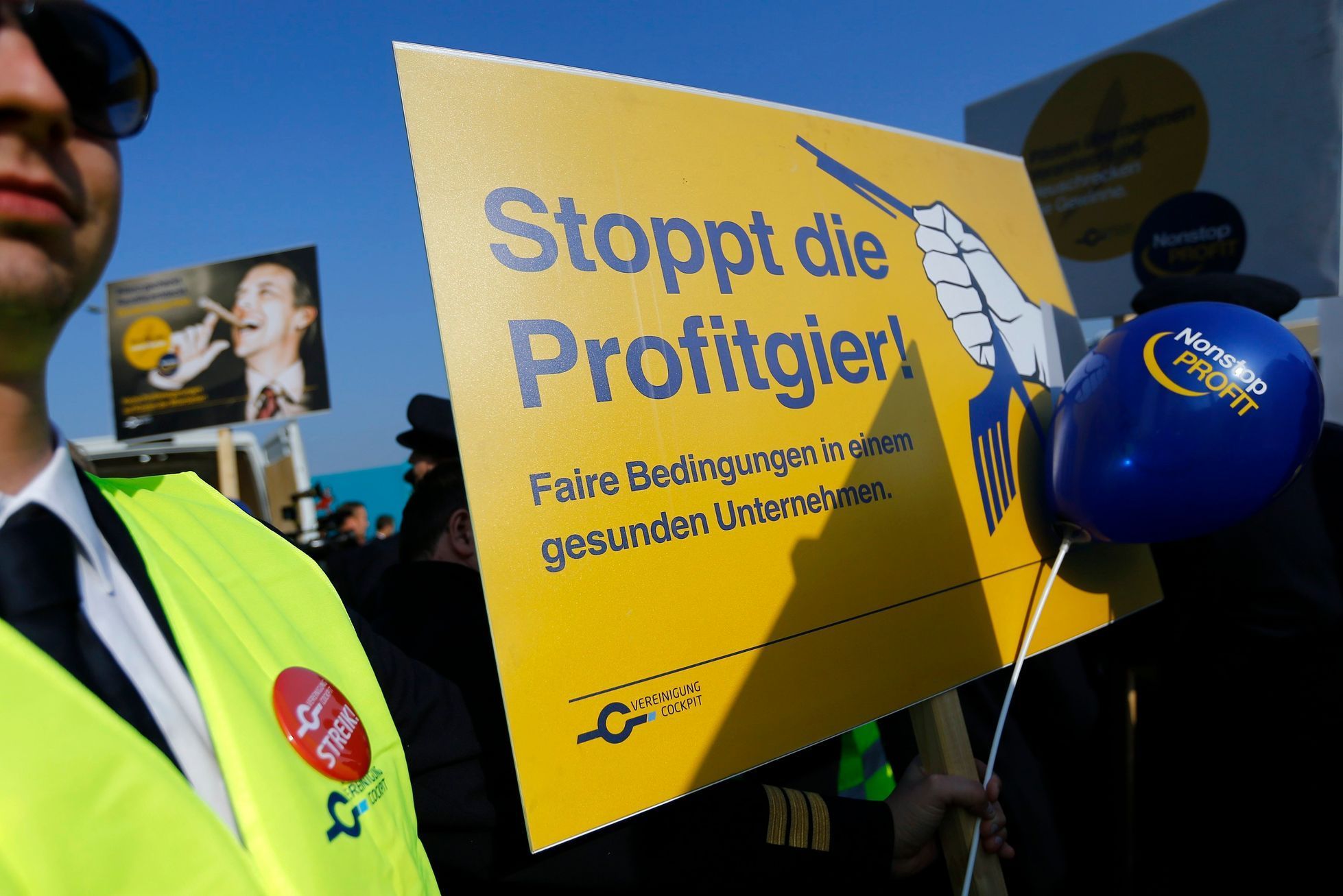 Lufthansa pilots take part in demonstration during strike action at Fraport airport in Frankfurt