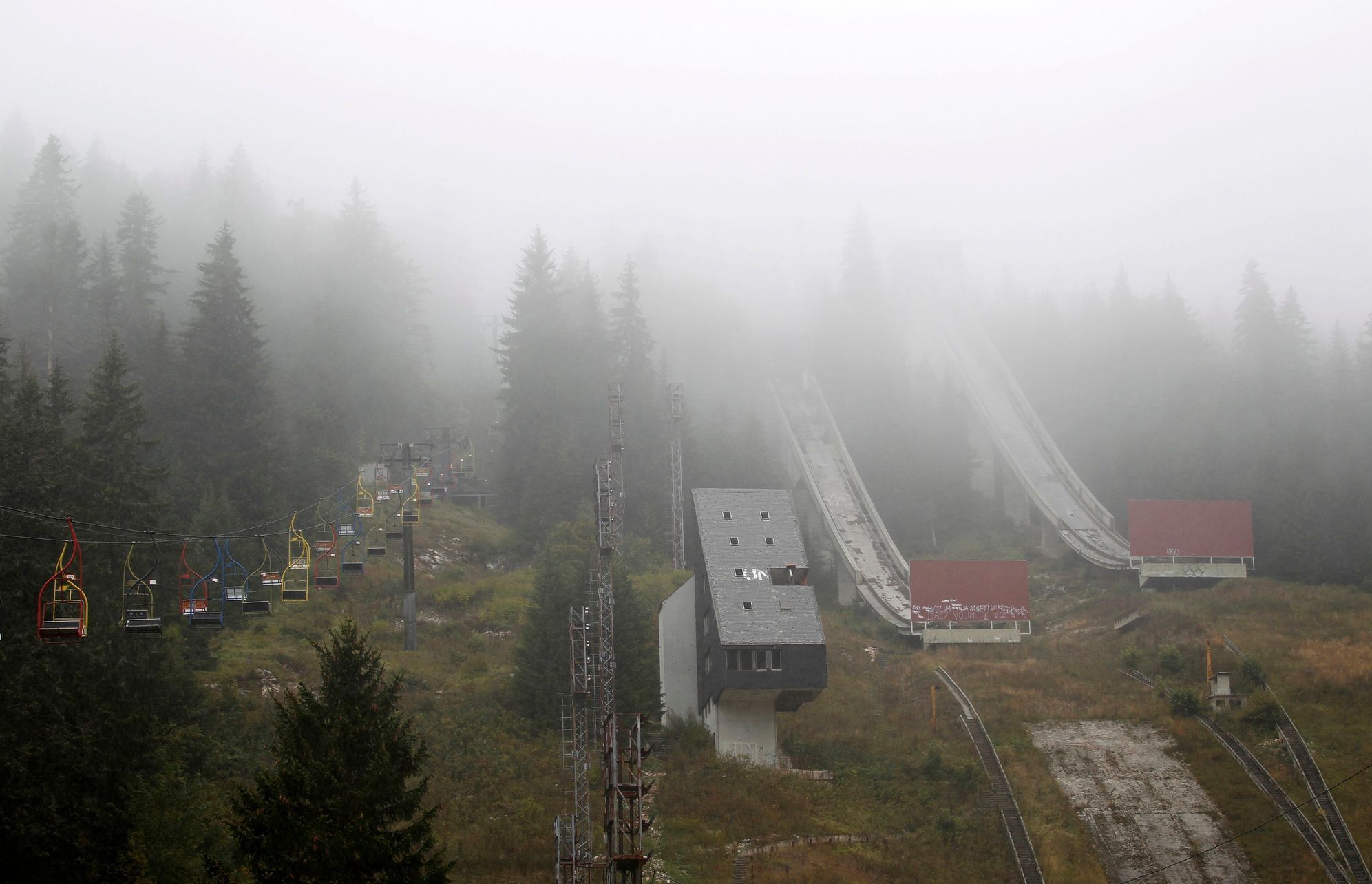 A general view of the disused ski jump from the Sarajevo 1984 Winter Olympics shrouded in mist on Mount Igman, near Saravejo
