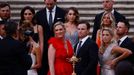 Golf - The 2023 Ryder Cup - Rome, Italy - September 27, 2023 Team USA captain Zach Johnson and wife, Kim Barclay pose with the Ryder Cup trophy at the Piazza di Spagna in