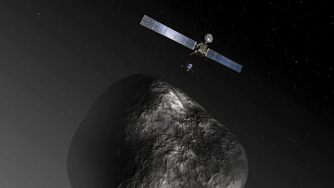 Umělecké ztvárnění komety Čurjumov-Gerasimenko se sondou Rosetta.