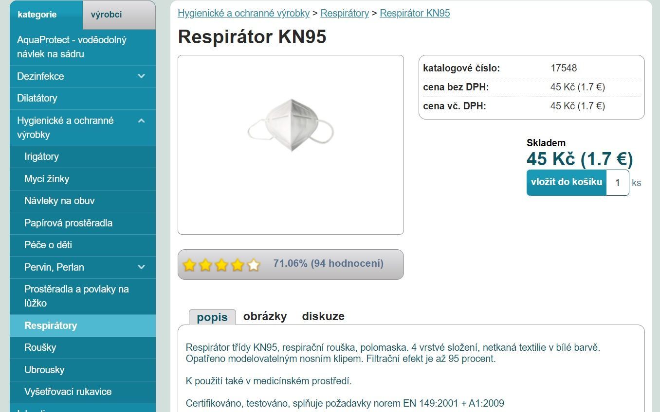 Jedna z nabídek e-shopu na respirátor KN95