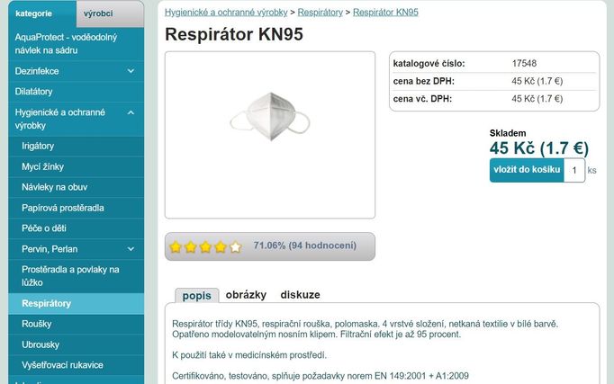 Jedna z nabídek e-shopu na respirátor KN95