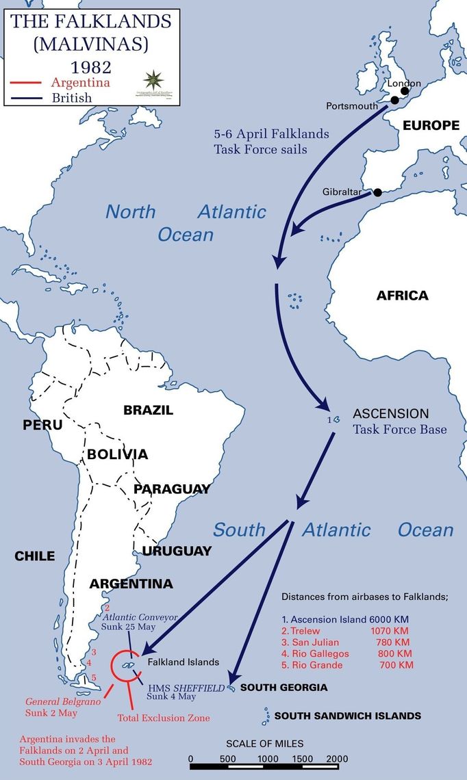 Vzdálenosti od britských leteckých základen na Falklandy.