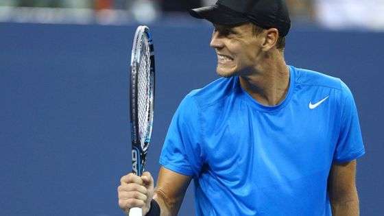 Tomáš Berdych a jeho radost při zápase s Rogerem Federerem.