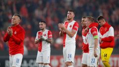 fotbal, Evropská konferenční liga 2021/2022, Slavia Praha - Union Berlín, fotbalisté Slavie, radost