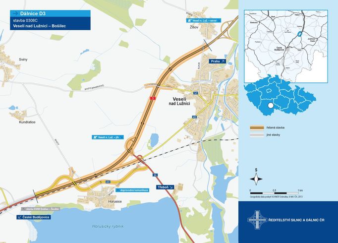 Mapa dálnice D3 Veselí nad Lužnicí - Bošilec