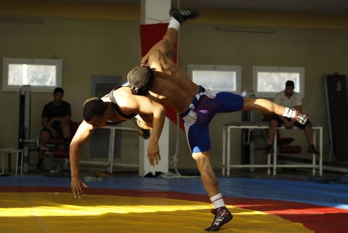 Tunisian wrestler Belaiech trains for the 2012 London Olympic Games in Tunis