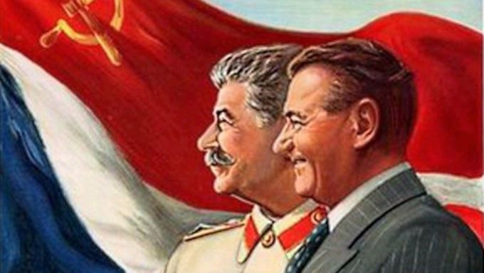 Gottwald se Stalinem. Dobová ilustrace.