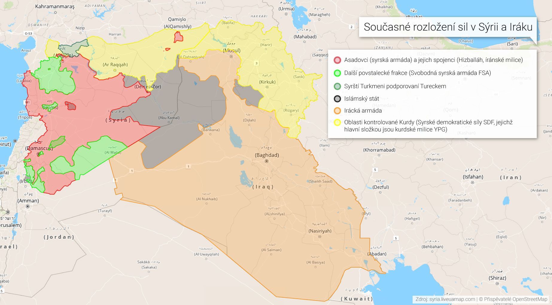 Současné rozložení sil v Sýrii a Iráku.