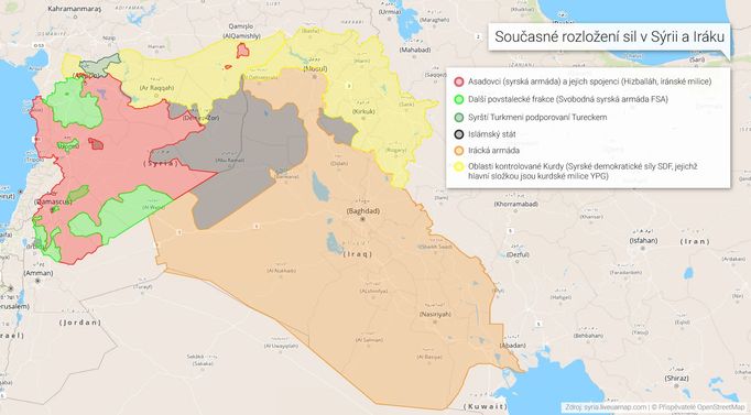 Současné rozložení sil v Sýrii a Iráku.