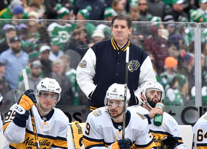 Jan 1, 2020; Dallas, TX, USA; Nashville Predators head coach Peter Laviolette during the second period in the 2020 Winter Classic hockey game against the Dallas Stars at