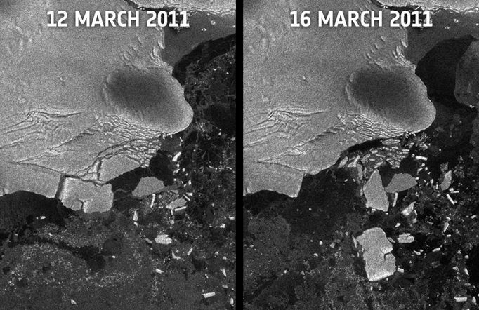 Tato kombinace snímků, vydaná kosmickou agenturou (ESA), ukazuje, jak se japonské tsunami podepsalo na ledovcích. Tsunami prošla na opačný konec Tichého oceánu až do Antarktidy a z tamního pobřežního ledu odlomila mimořádně velké ledovce plující nyní v Rossově moři.