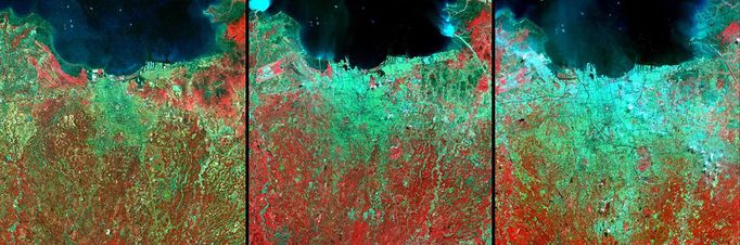 http://climate.nasa.gov/state_of_flux#Urbangrowth_Indonesia.jpg Urban growth, Indonesia Jakarta, Indonesia. Left: 1976, with a population of six million. Middle: 1989, wi