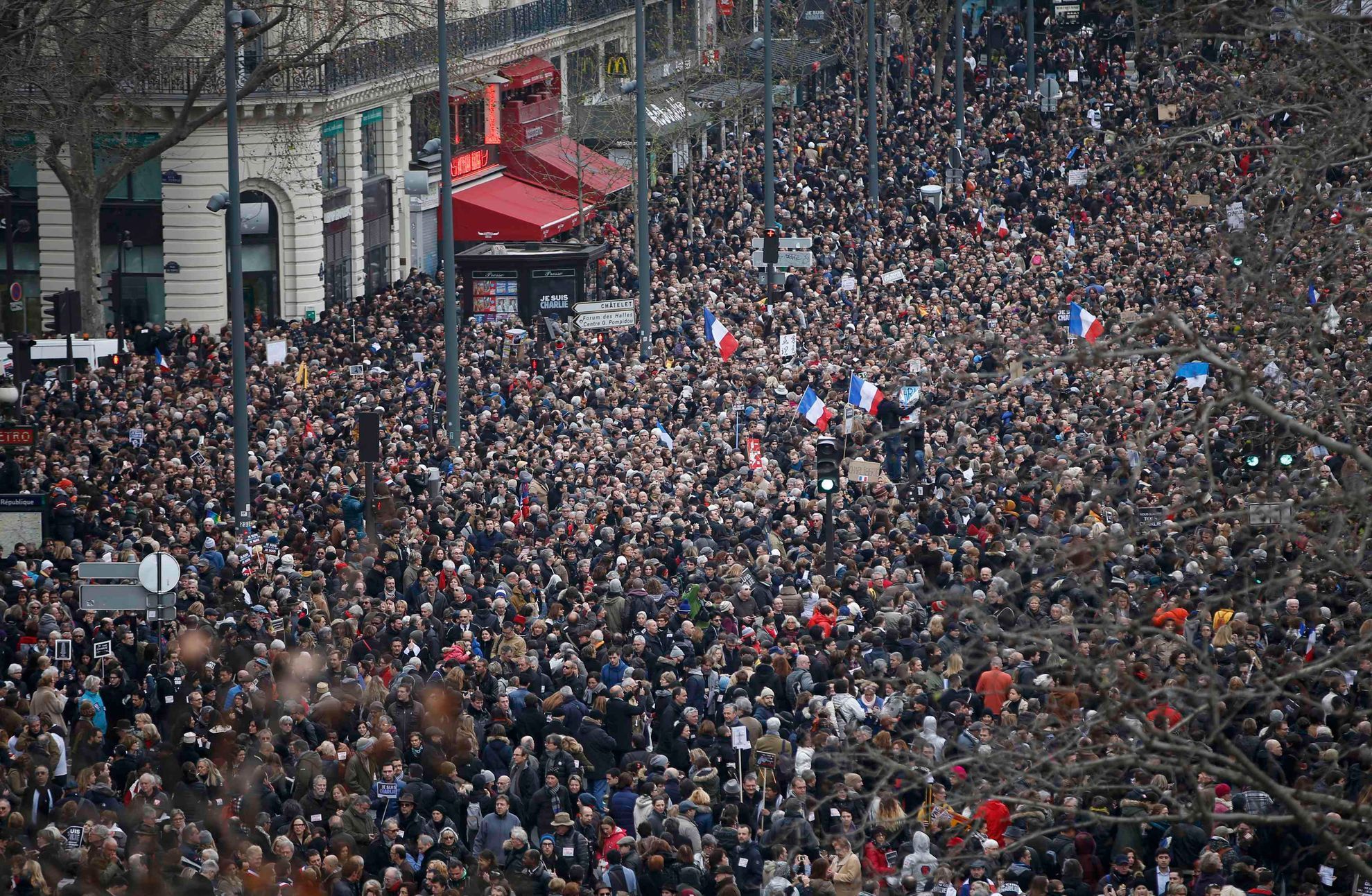 Hundreds of thousands of people gather on the Place de la Republique to attend the solidarity march (Rassemblement Republicain) in the streets of Paris