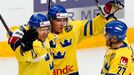 Švédská radost z branky v zápase s Rusy. Zleva Nicklas Danielsson, Nicklas Bäckström a Patric Hornqvist.