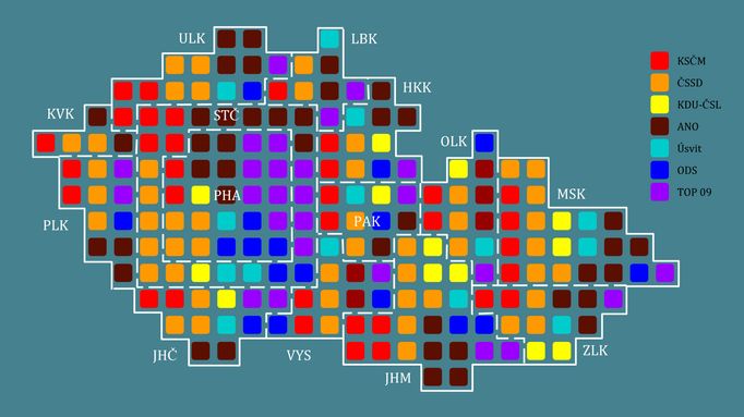 Kartogram rozdělení mandátů pro politické strany v českých sněmovních volbách v roce 2013.