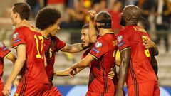 Belgičané slaví druhý gól v zápase skupiny E kvalifikace MS Belgie - Česko