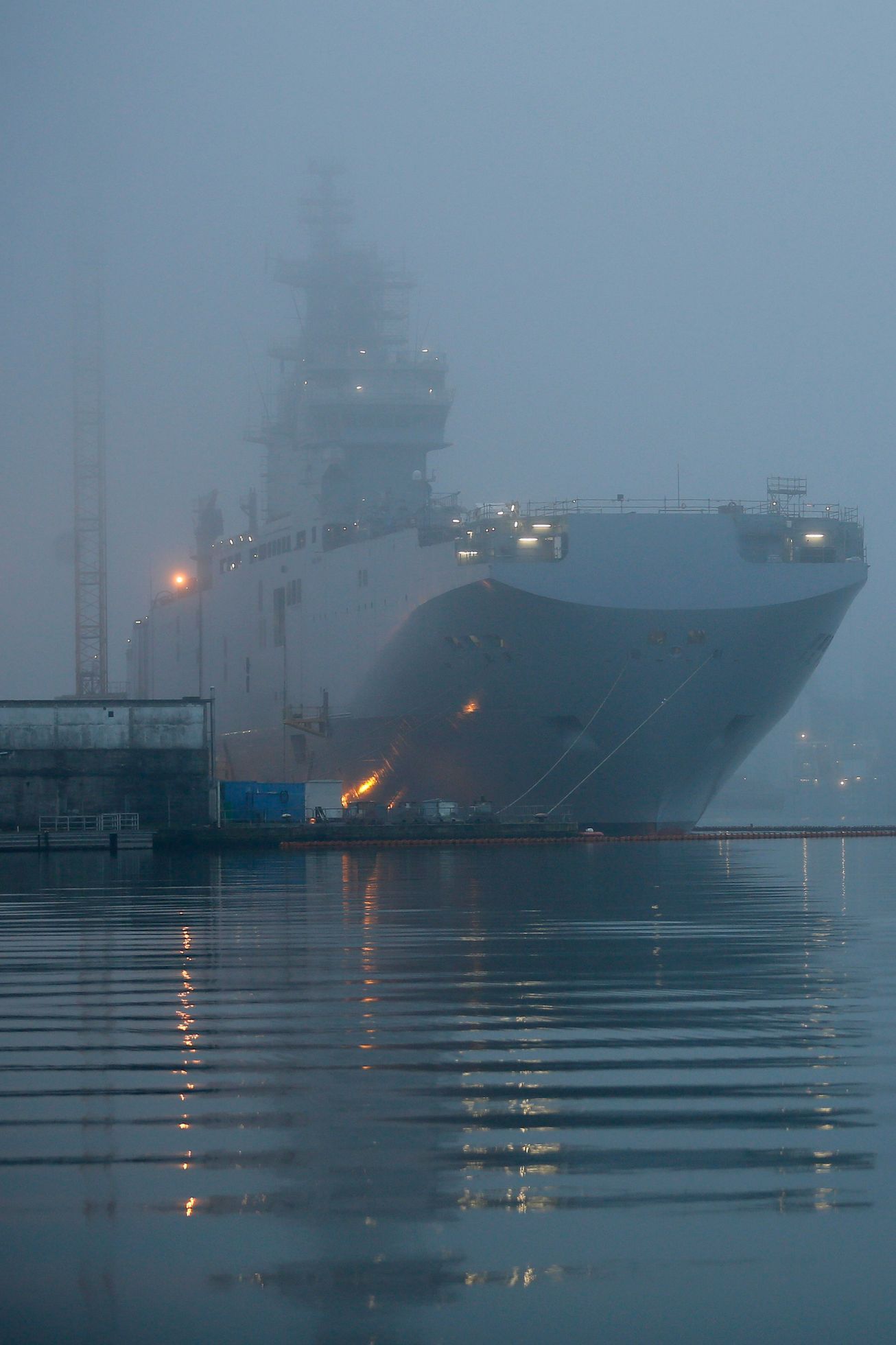 The Mistral-class helicopter carrier Sevastopol is seen at the STX Les Chantiers de l'Atlantique shipyard site in Saint-Nazaire