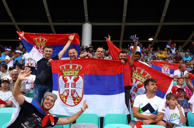 Soccer Football - UEFA Nations League - Group H - Slovenia v Serbia - Stozice Stadium, Ljubljana, Slovenia - June 12, Serbia fans with flags inside the stadium before the