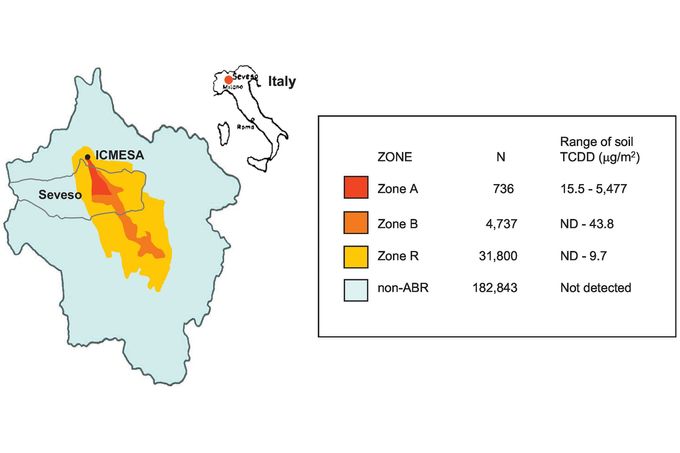 Mapa zón kontaminace v Sevesu (1976). Ukazuje rozdělení na zóny A, B a R podle koncentrace dioxinu (TCDD) v půdě po havárii v továrně ICMESA.