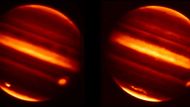 Dvojice snímků ukazuje, jak se dokázala atmosféra obklopující planetu Jupiter "poprat" s částečkami odpadu, který byl do ní vtáhnut. Snímky pořídily teleskopy NASA z Mauna Kea na Havaji. Pořízeny byly (první z nich) 20. července 2009 a druhý z nich 16. srpna 2009. Odpad můžete sledovat jako zářící částice. NASA snímky zveřejnila nyní, když se díky výzkumu podařilo zjistit, že Jupiter vtáhl asteroid velikosti Titaniku.