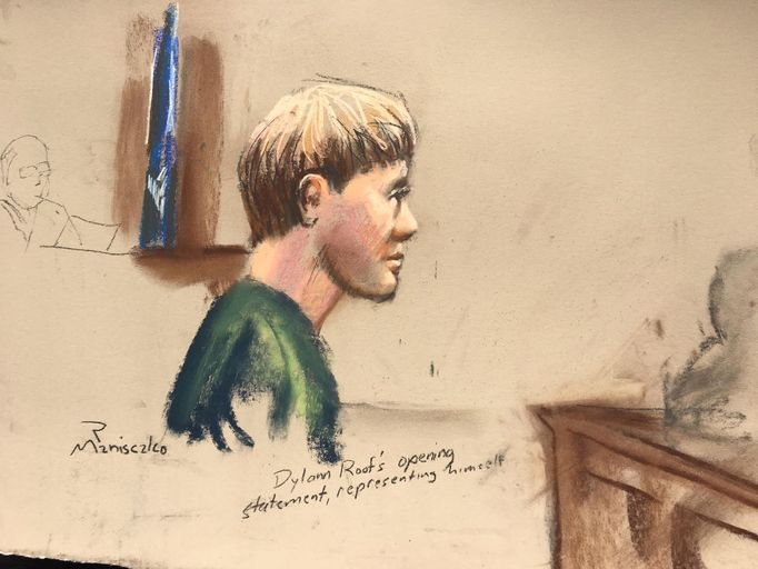 Dylann Roof, střelec z Charlestonu, v soudní síni.